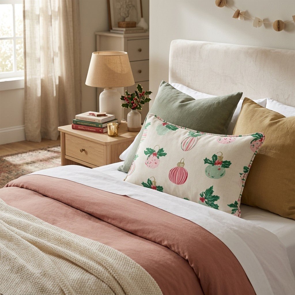Holly Top Ornament Cream Throw Pillow - Hillcroft Home
