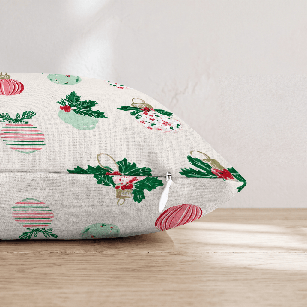 Holly Top Ornament Cream Throw Pillow - Hillcroft Home