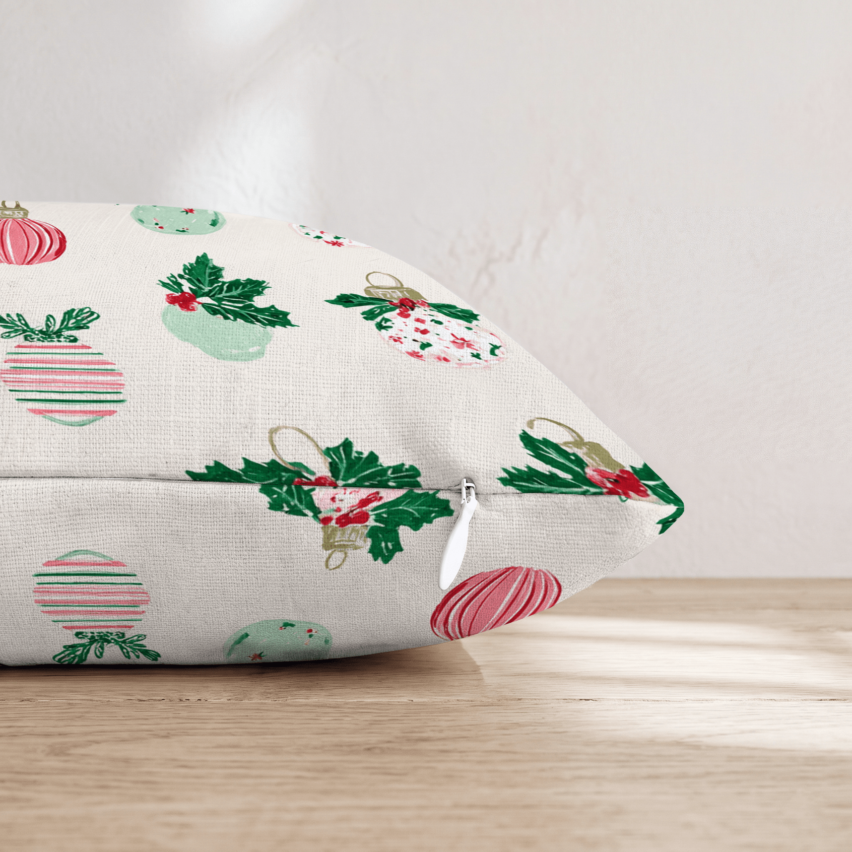 Holly Top Ornament Cream Throw Pillow - Hillcroft Home
