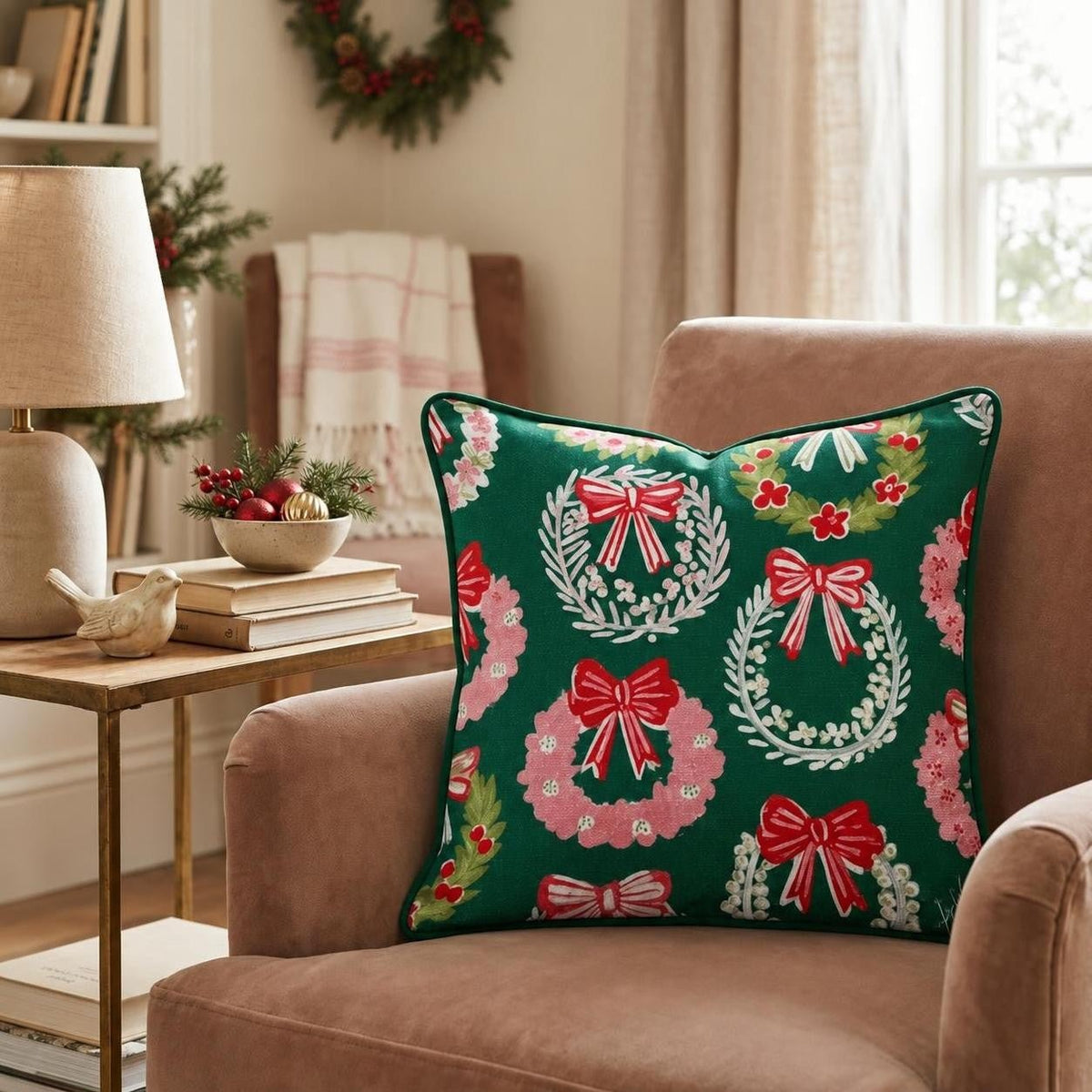 Holly Wreaths Throw Pillow throw pillow - Hillcroft Home