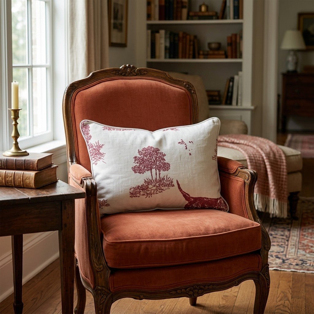 Hunting Dog Toile Red Throw Pillow - Hillcroft Home
