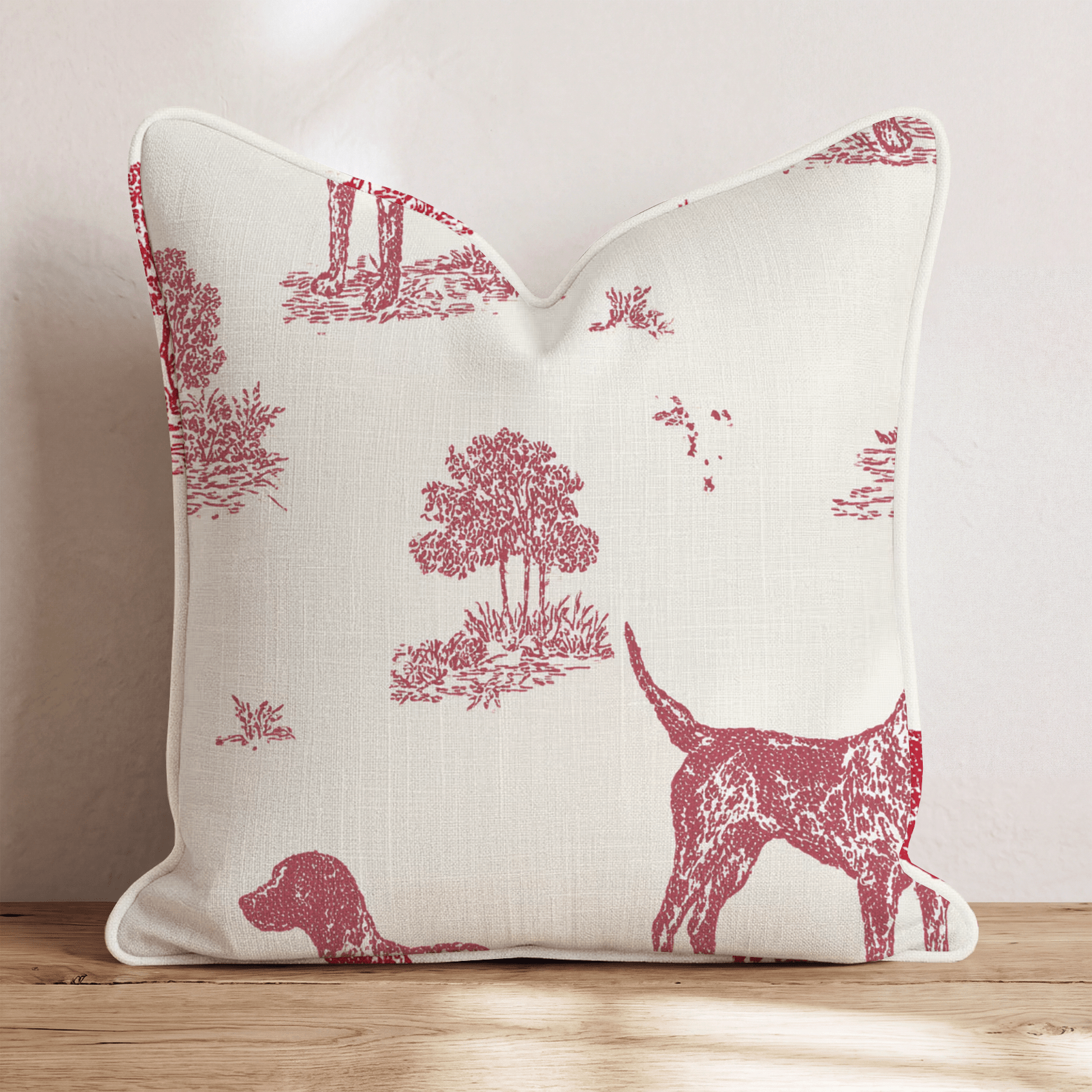 Hunting Dog Toile Red Throw Pillow - Hillcroft Home