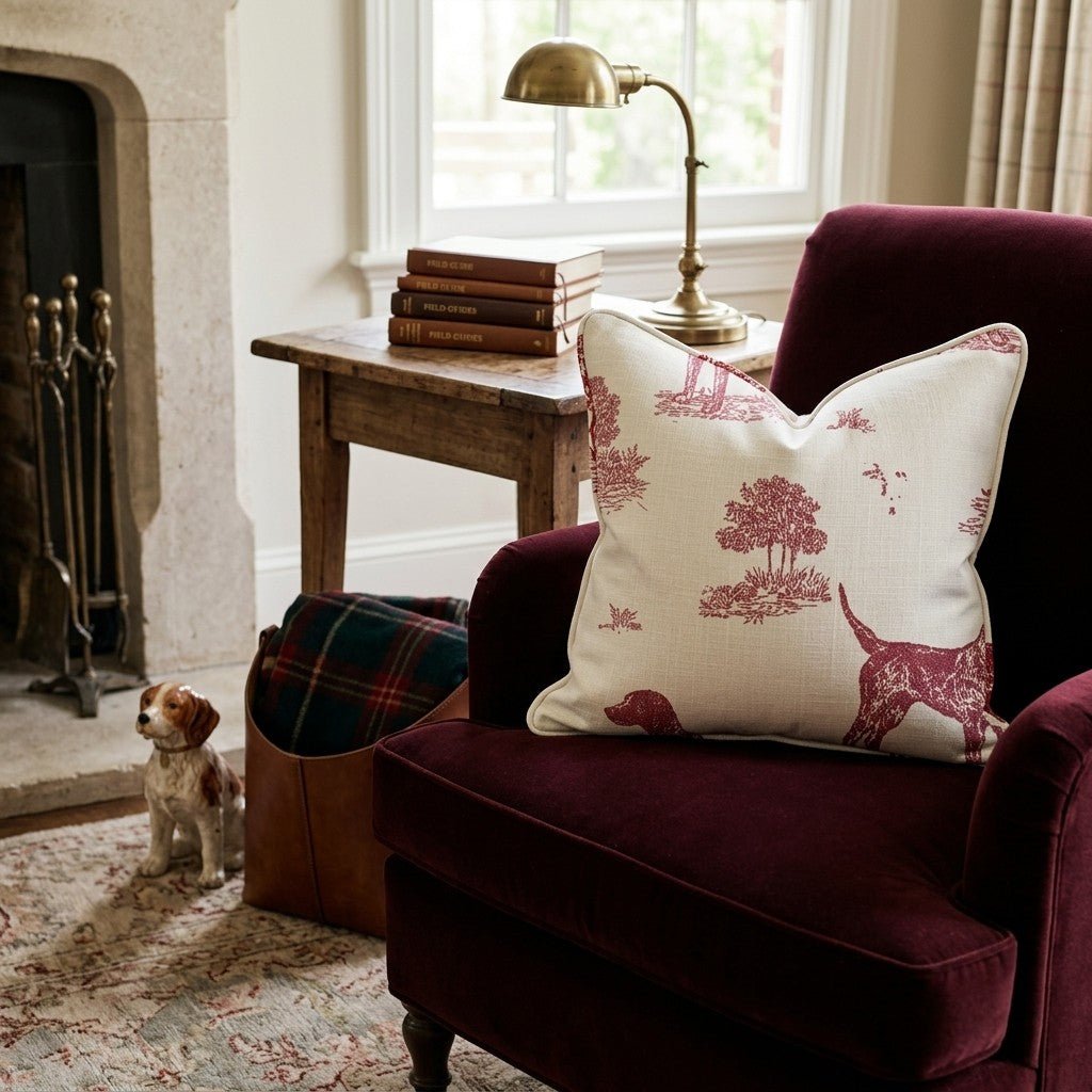 Hunting Dog Toile Red Throw Pillow - Hillcroft Home