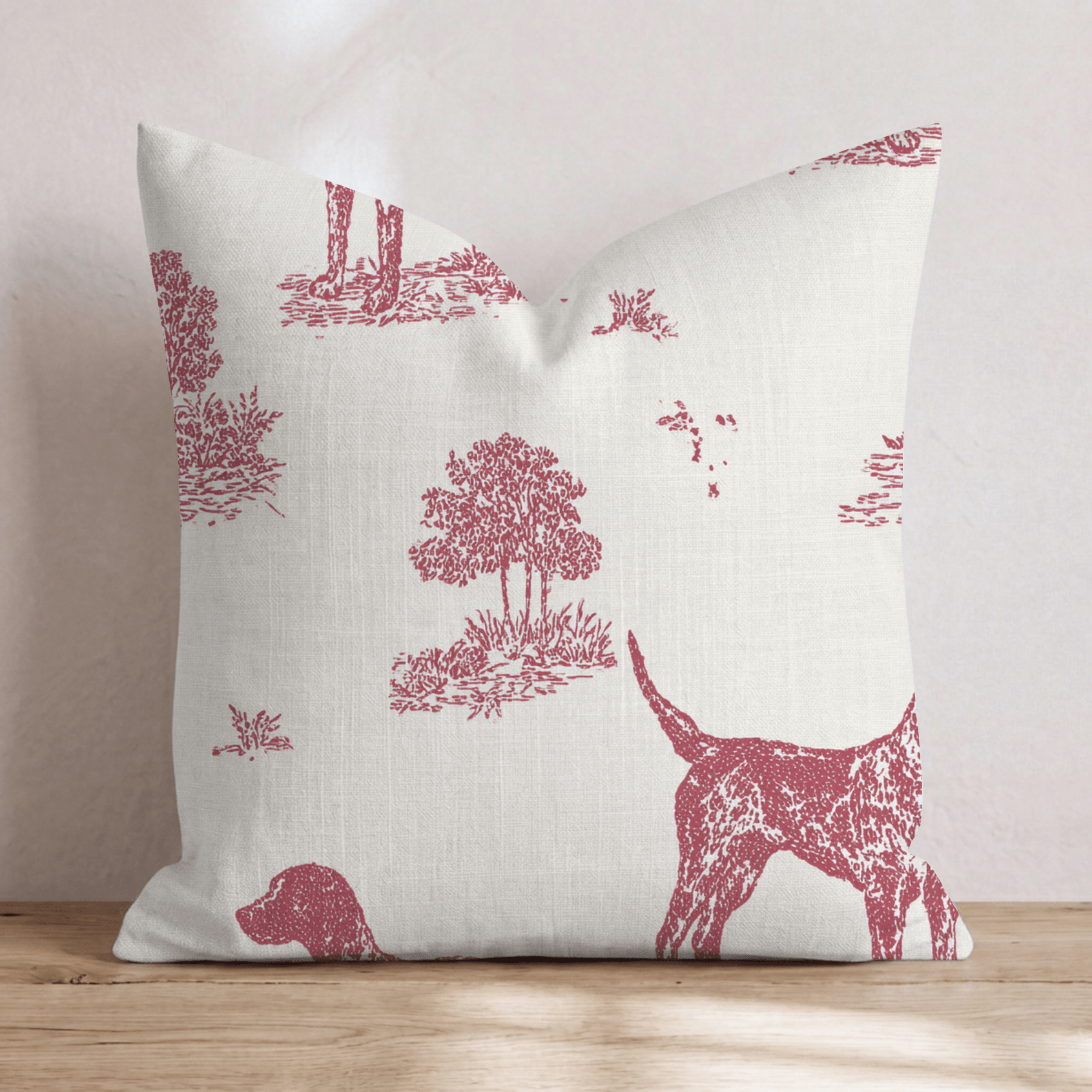 Hunting Dog Toile Red Throw Pillow - Hillcroft Home