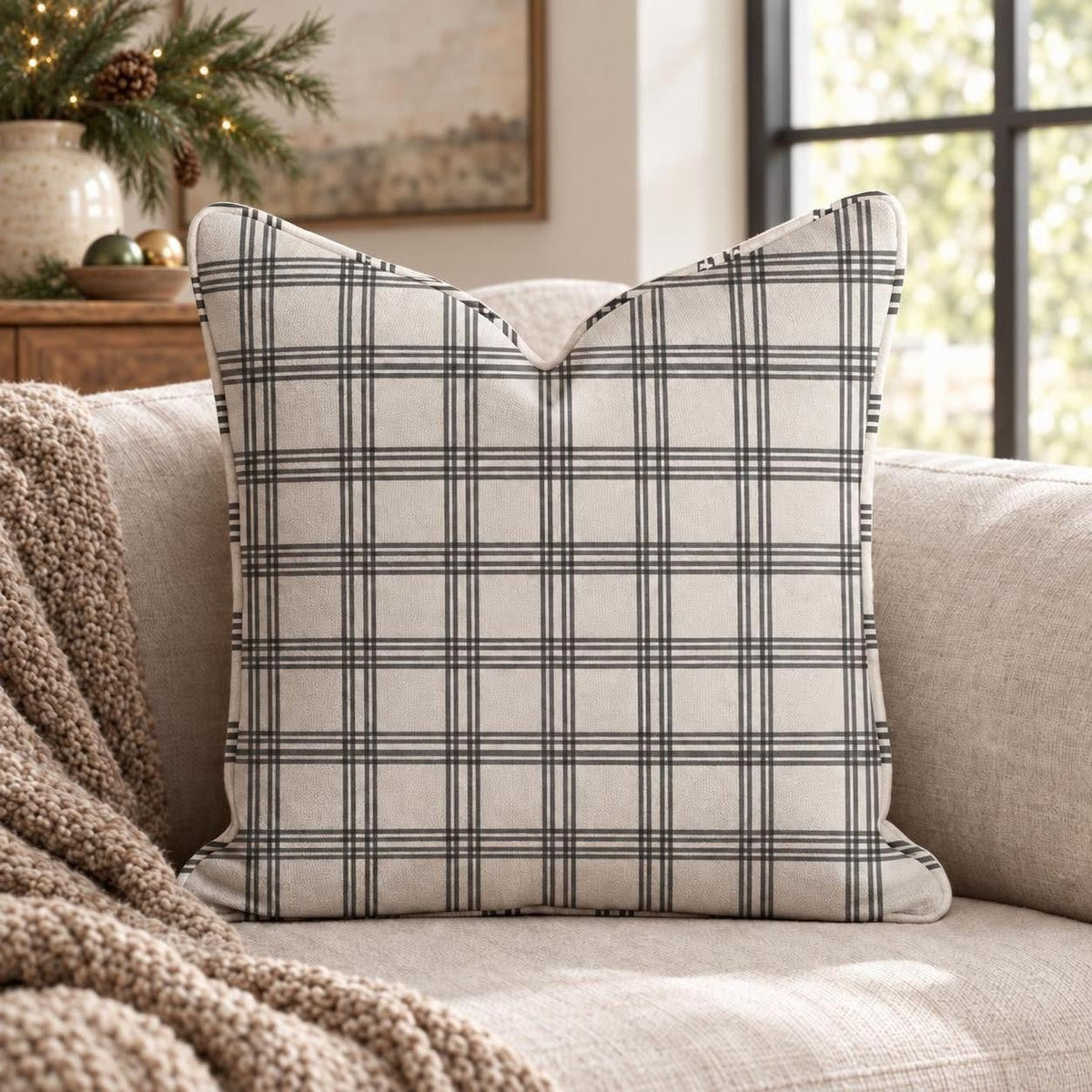 Ivory Windowpane Throw Pillow throw pillow - Hillcroft Home
