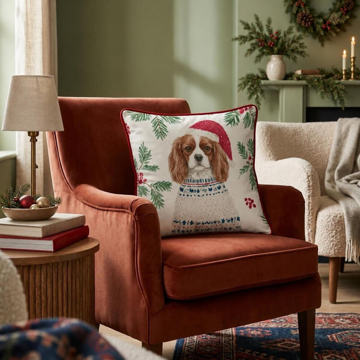 King Charles Spaniel Christmas Dressed Up Throw Pillow throw pillow - Hillcroft Home