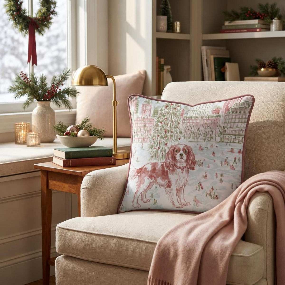 King Charles Spaniel NYC Christmas Central Park Throw Pillow throw pillow - Hillcroft Home