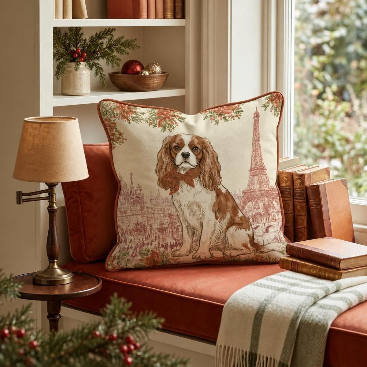 King Charles Spaniel Paris Christmas Evepng Throw Pillow throw pillow - Hillcroft Home