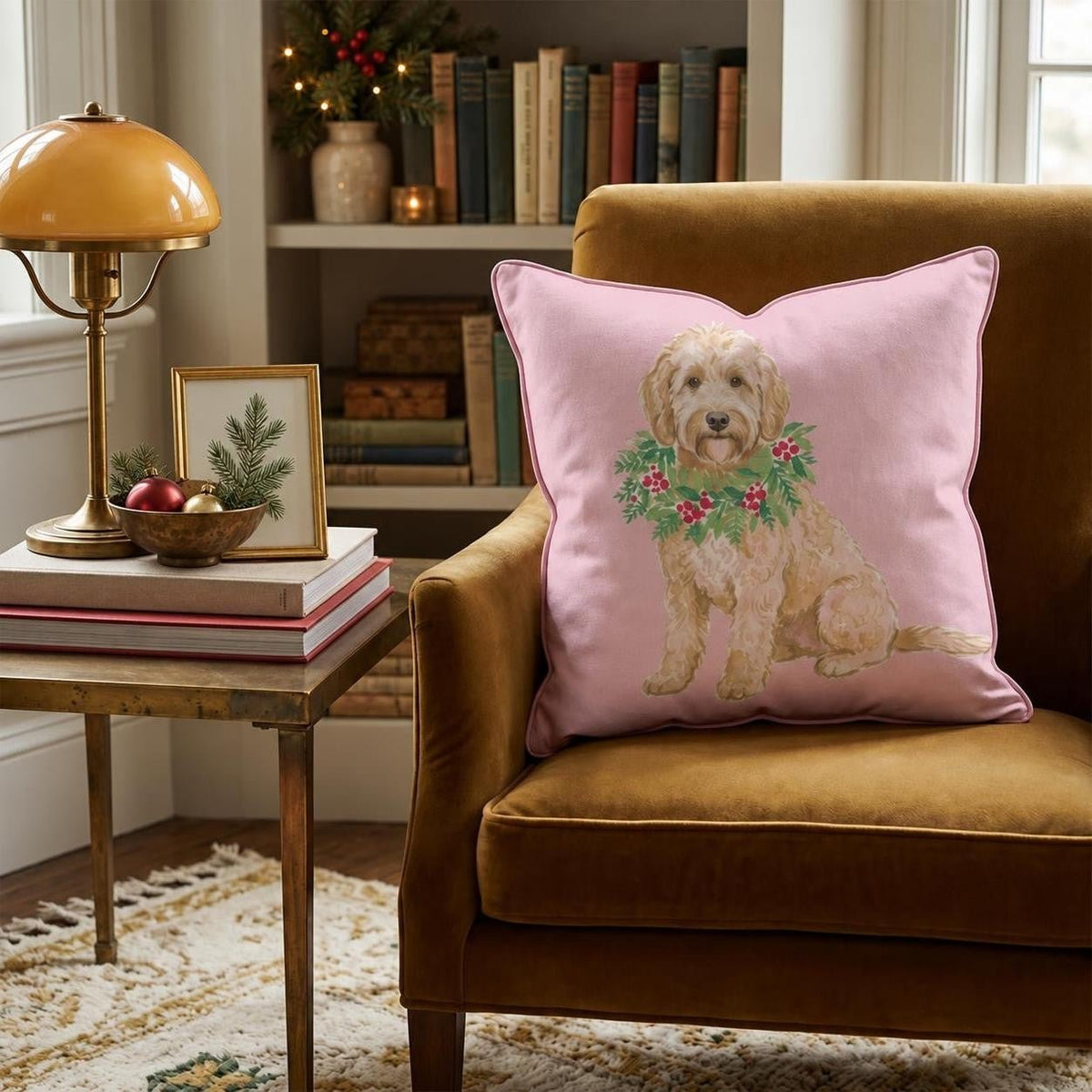 Labradoodle Berry Wreath Throw Pillow throw pillow - Hillcroft Home