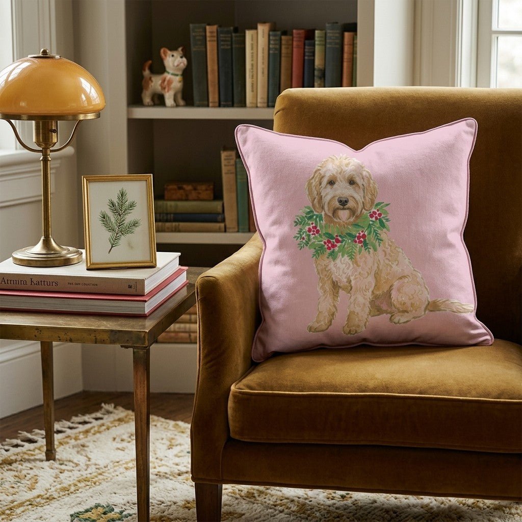 Labradoodle Berry Wreath Throw Pillow - Hillcroft Home