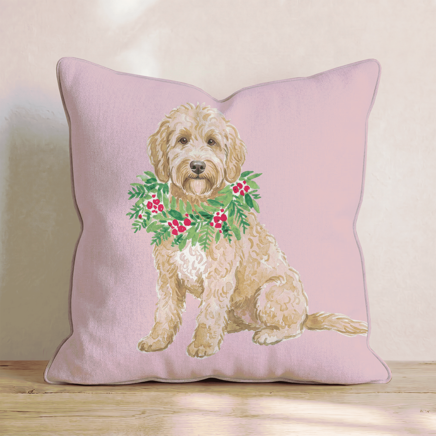 Labradoodle Berry Wreath Throw Pillow - Hillcroft Home