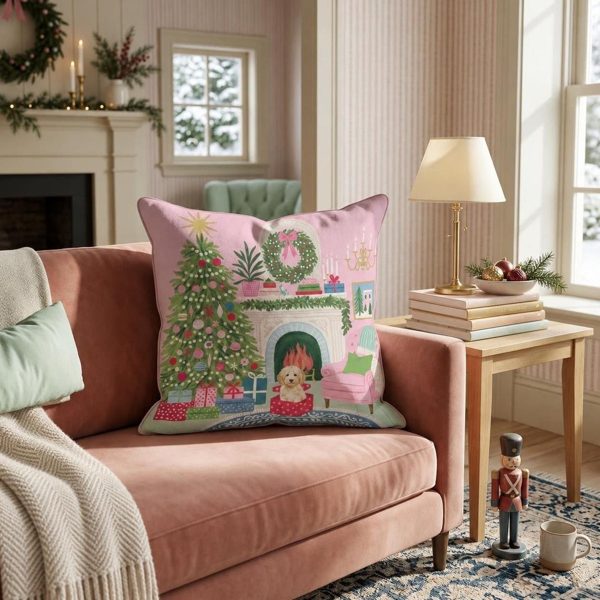 Labradoodle Christmas Parlor Throw Pillow throw pillow - Hillcroft Home
