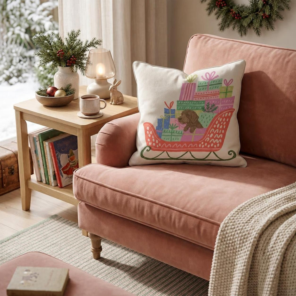Labradoodle Gift Sleigh Throw Pillow throw pillow - Hillcroft Home