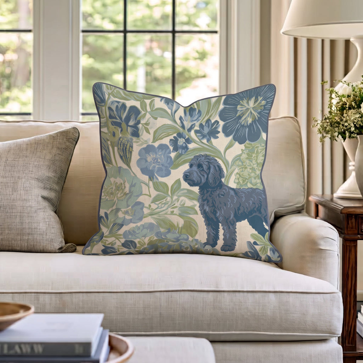 Labradoodle in the Flowers Throw Pillow throw pillow - Hillcroft Home