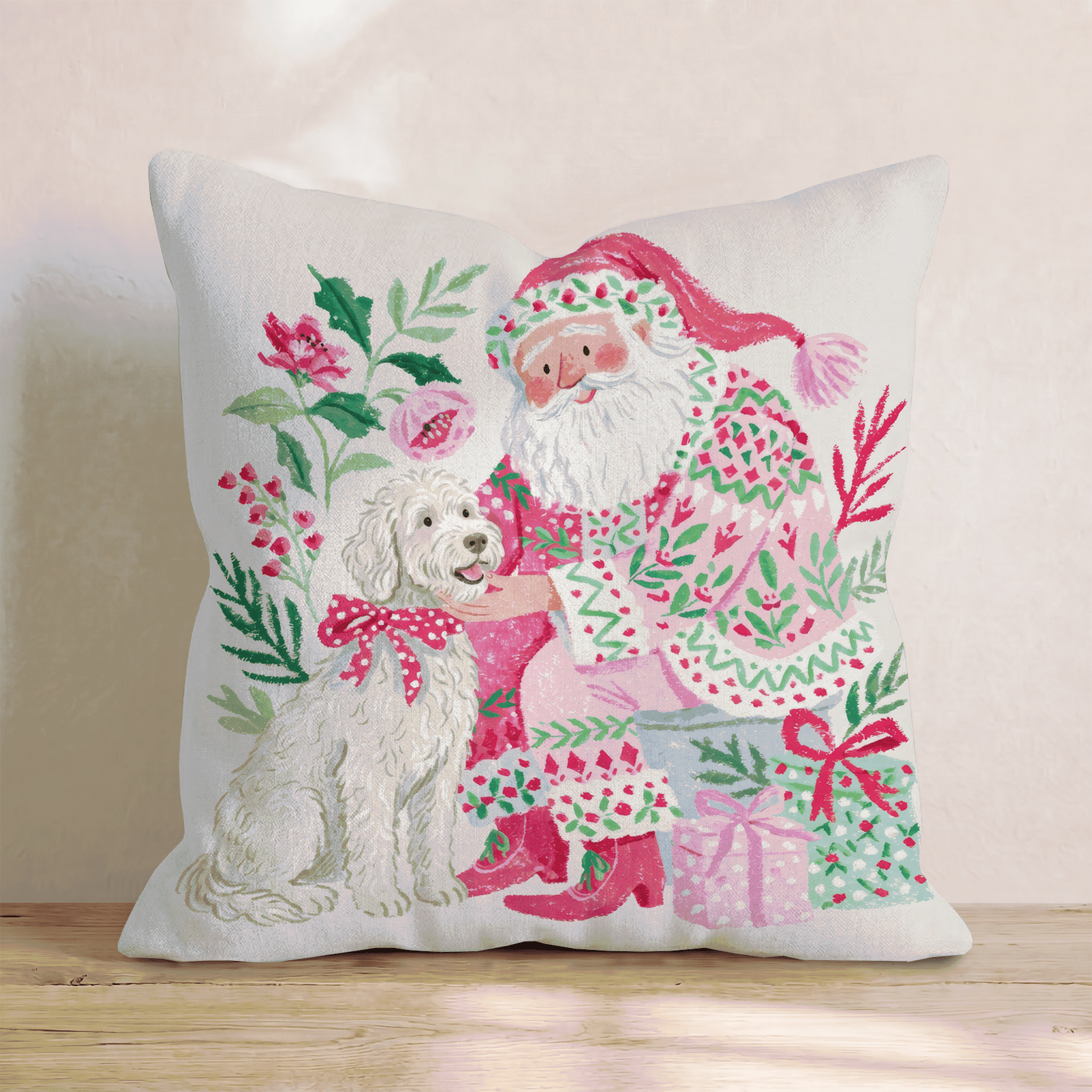 Labradoodle with Santa Throw Pillow - Hillcroft Home