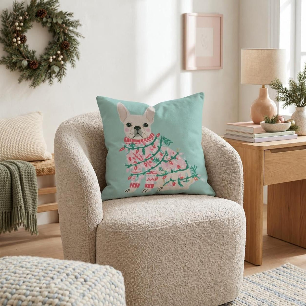 Light Wrapped French Bulldog Throw Pillow throw pillow - Hillcroft Home
