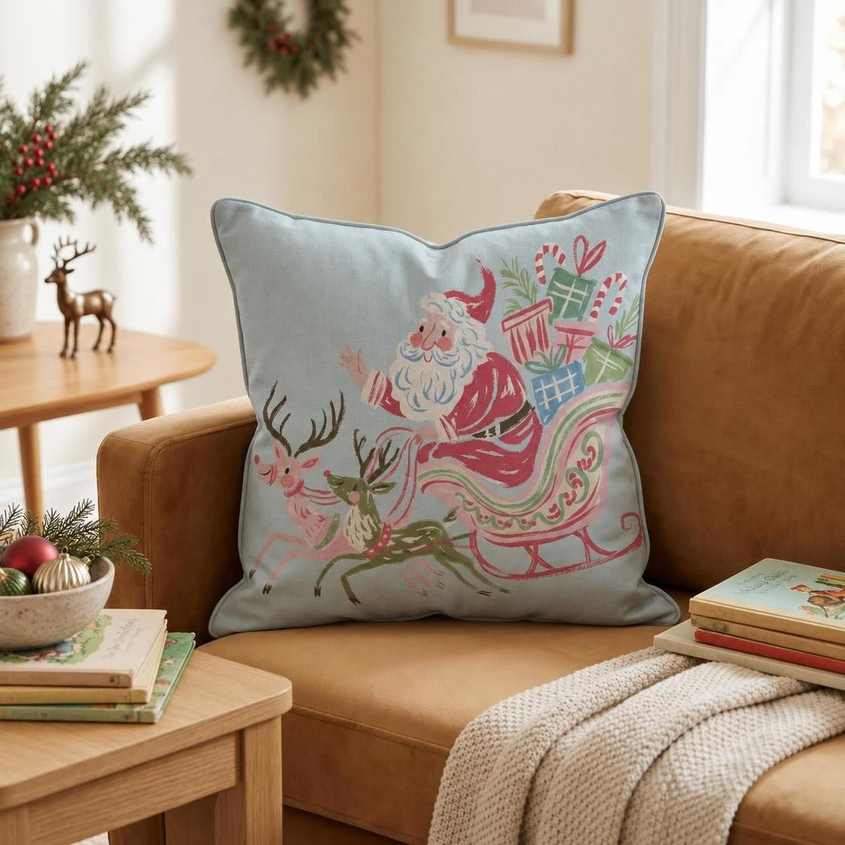 Loose Brush Santa Sleigh Throw Pillow throw pillow - Hillcroft Home
