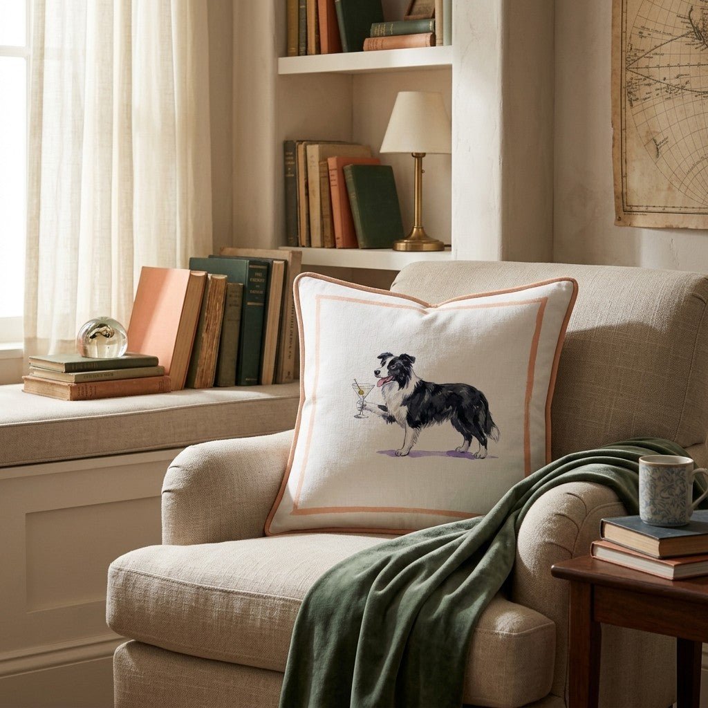 Martini Border Collie Throw Pillow - Hillcroft Home