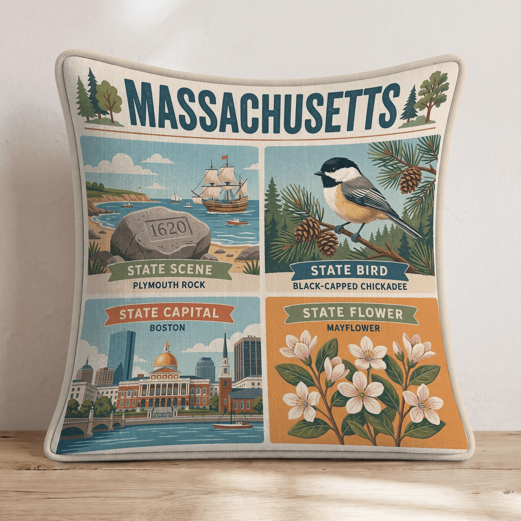 Massachusetts State Symbol Throw Pillow - Hillcroft Home