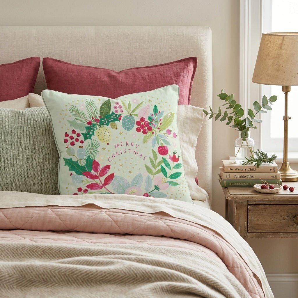 Merry Christmas Berry Wreath Throw Pillow - Hillcroft Home