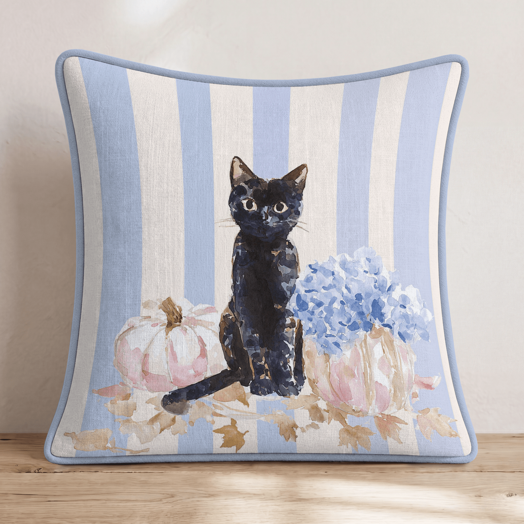 Midnight Cat & Hydrangeas Throw Pillow - Hillcroft Home