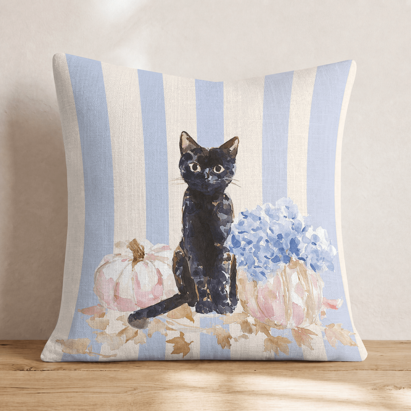 Midnight Cat & Hydrangeas Throw Pillow - Hillcroft Home