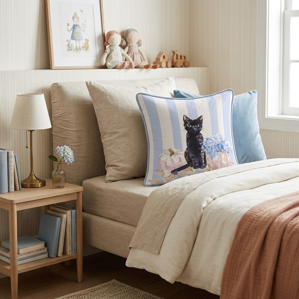 Midnight Cat & Hydrangeas Throw Pillow - Hillcroft Home