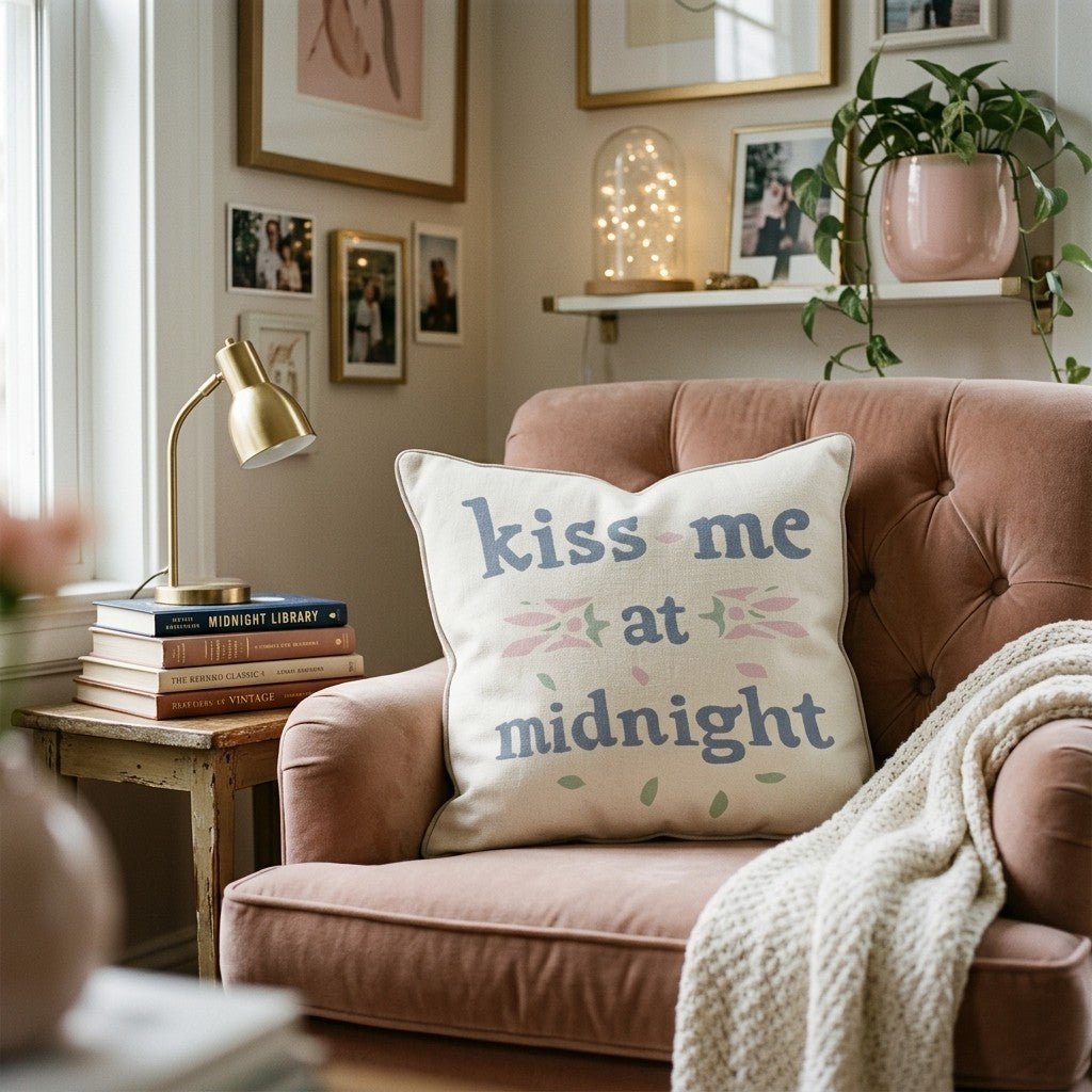 Midnight Kiss Script Throw Pillow - Hillcroft Home