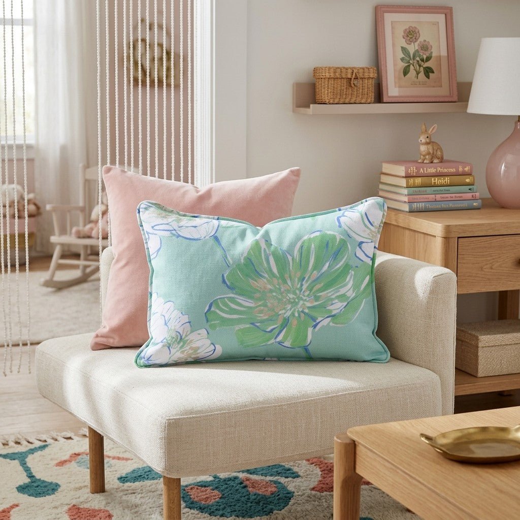 Mint Flowers Throw Pillow - Hillcroft Home