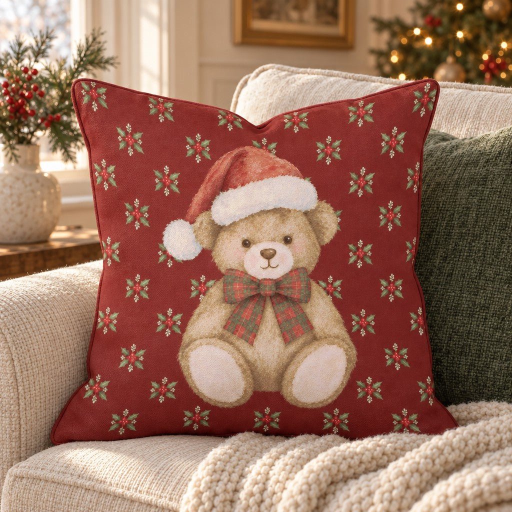 Mistletoe & Teddy Toes Throw Pillow throw pillow - Hillcroft Home