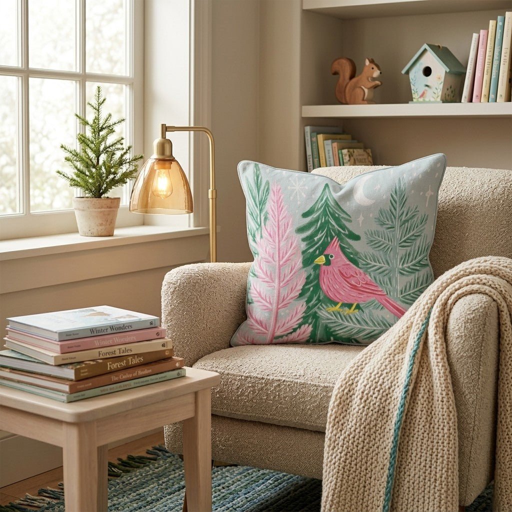 Moonlit Pink Cardinal Throw Pillow - Hillcroft Home