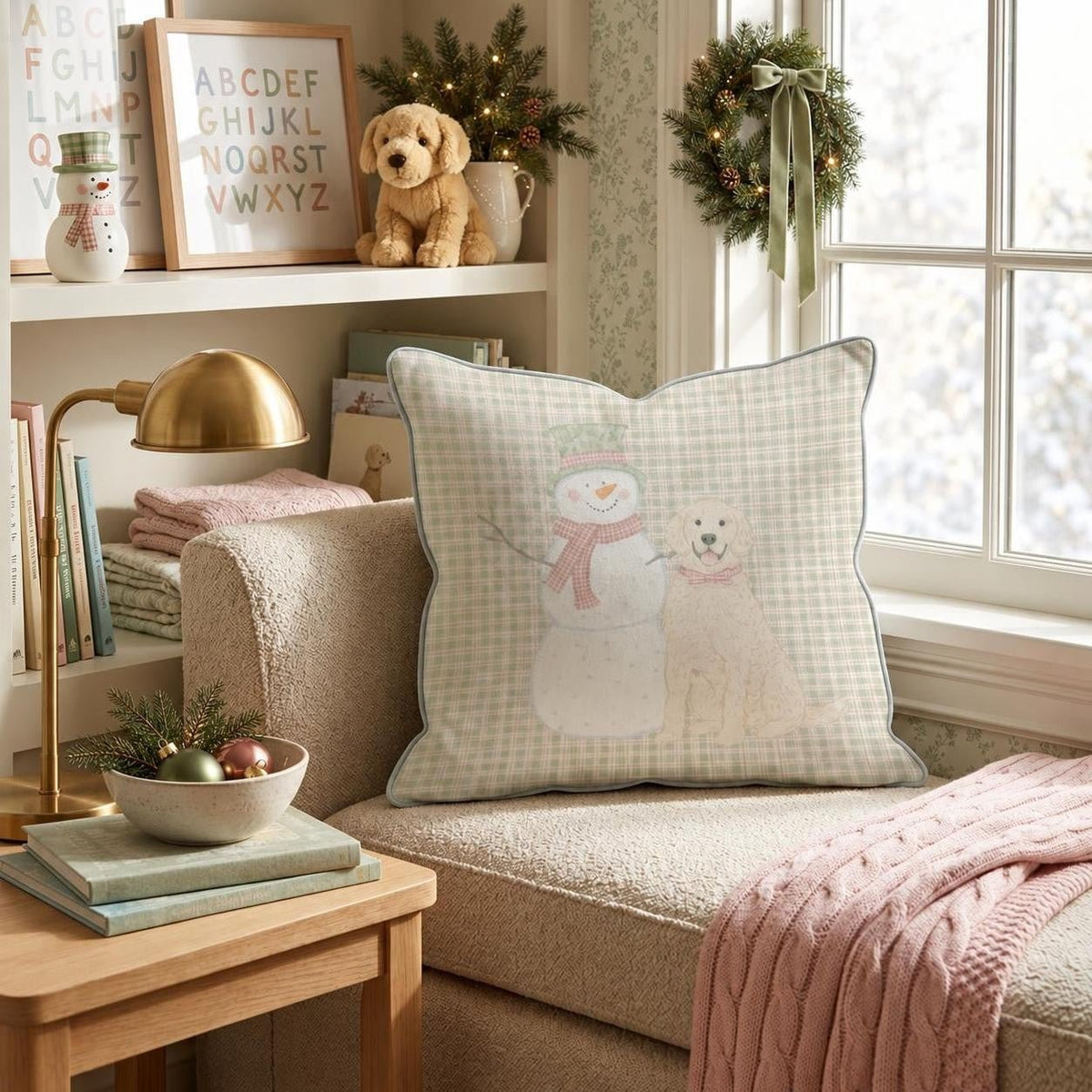 Mr. Snowman & Scout Throw Pillow throw pillow - Hillcroft Home