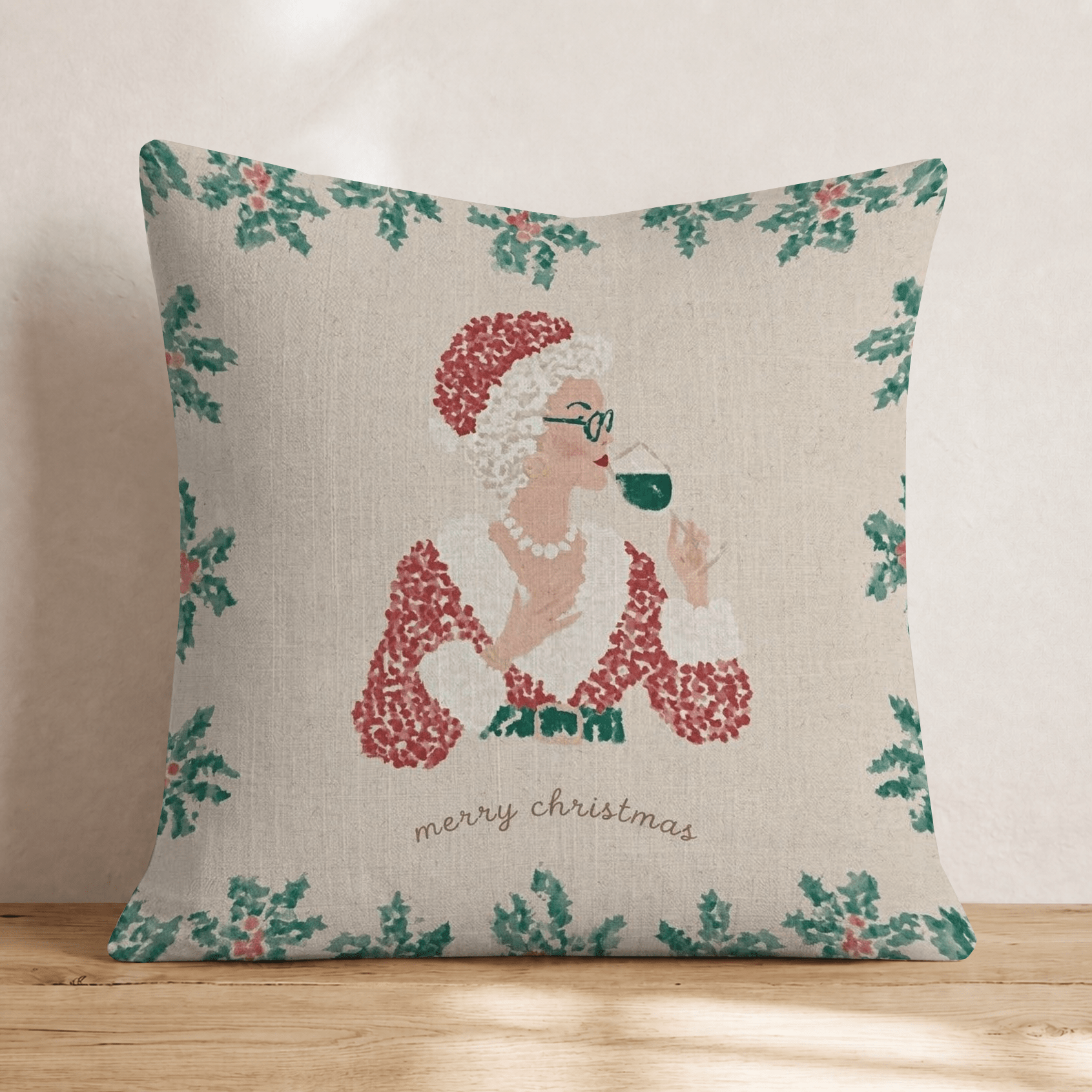 Mrs Claus Merry Christmas Wine Throw Pillow - Hillcroft Home