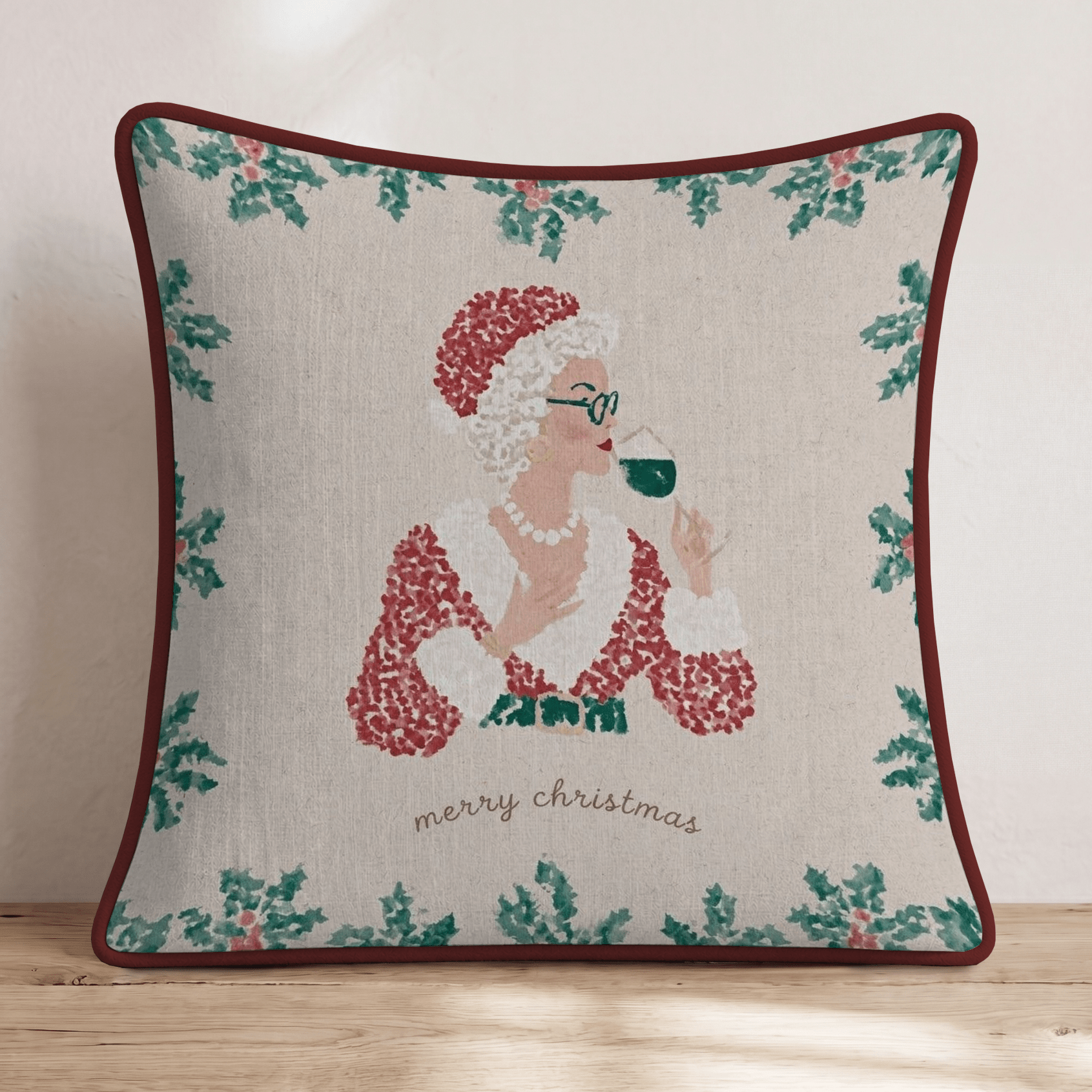 Mrs Claus Merry Christmas Wine Throw Pillow - Hillcroft Home