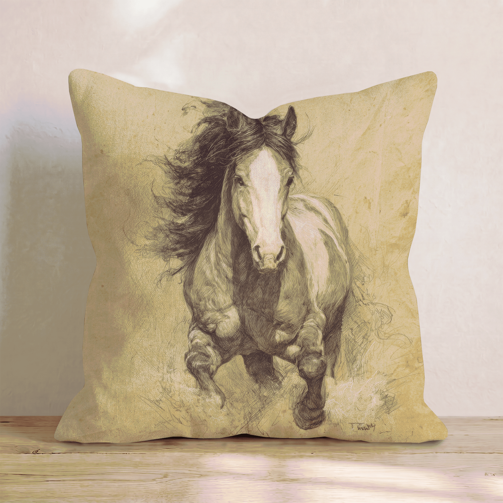 Mustang Charge Sepia Throw Pillow - Hillcroft Home