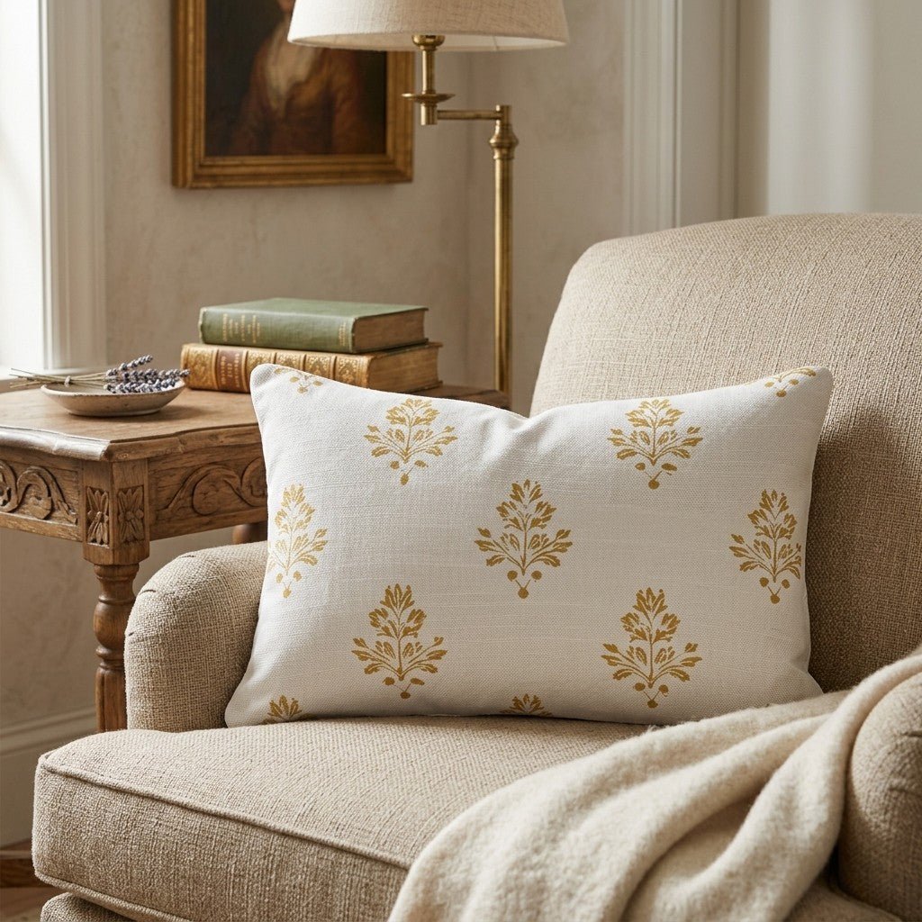Mustard Block Print Throw Pillow throw pillow - Hillcroft Home