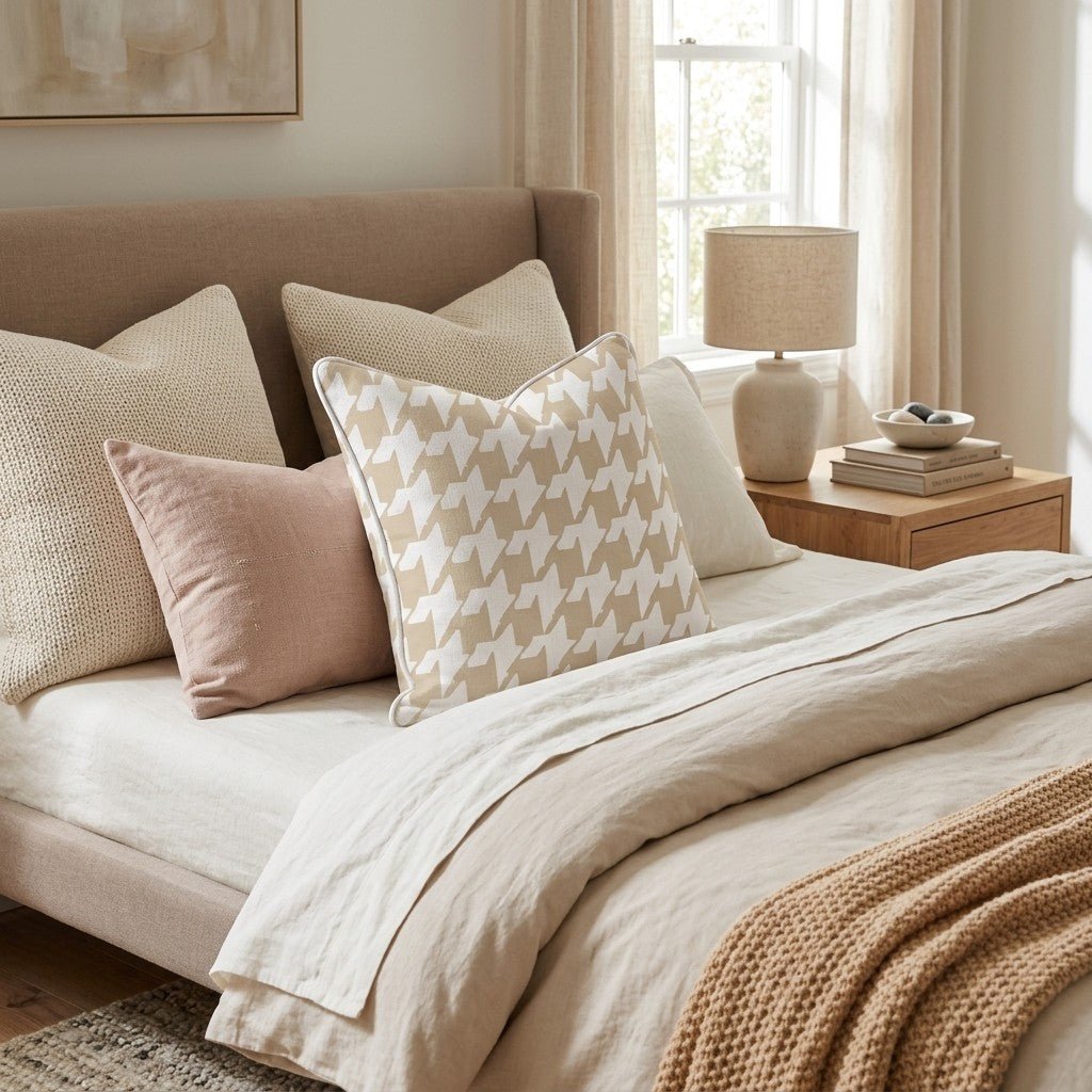 Neutral Houndstooth Throw Pillow - Hillcroft Home