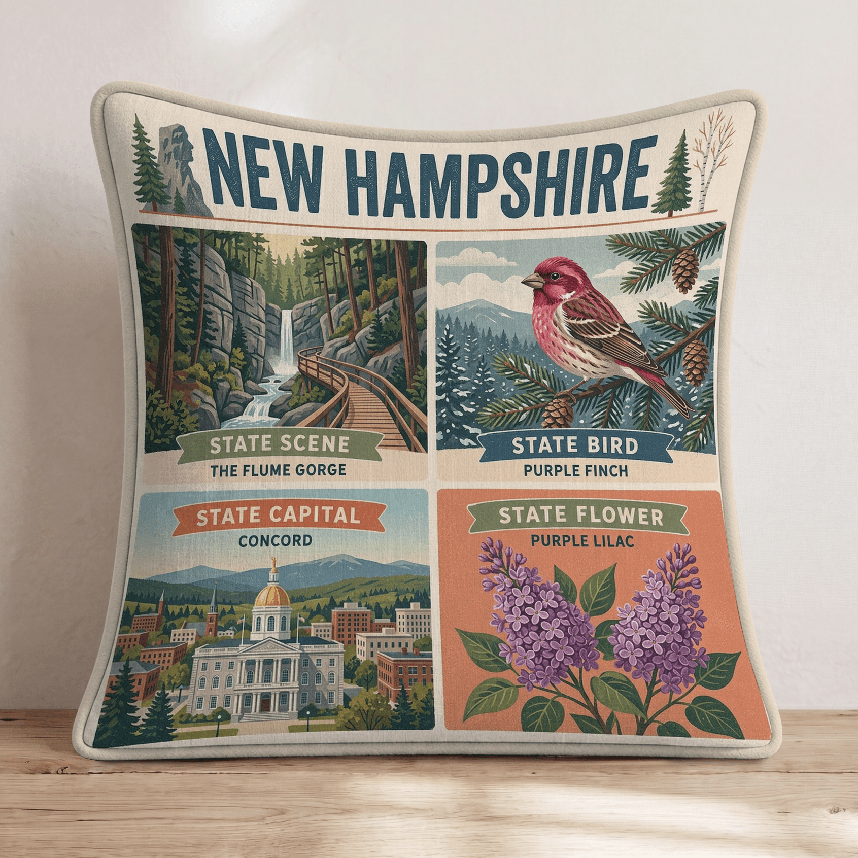 New Hampshire State Symbol Throw Pillow - Hillcroft Home