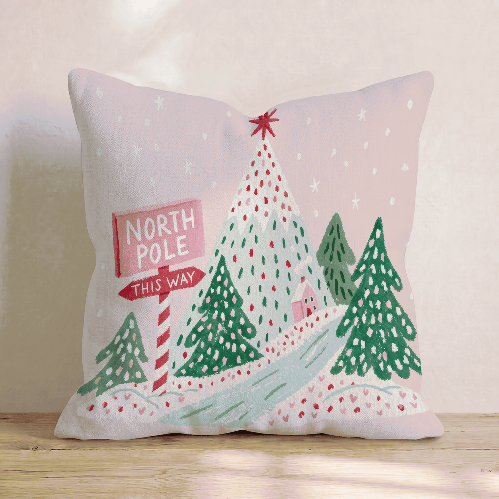 North Pole Signpost Trees Throw Pillow - Hillcroft Home