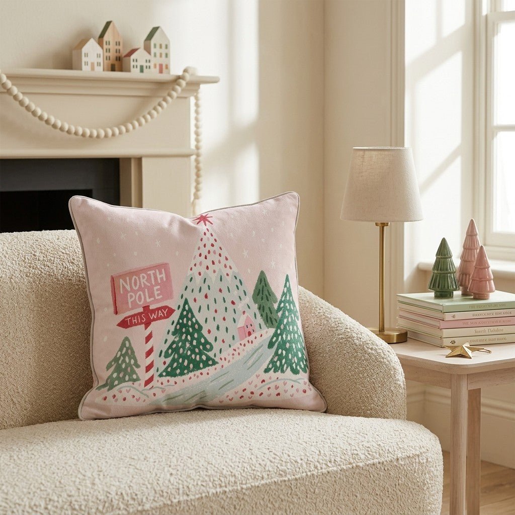 North Pole Signpost Trees Throw Pillow - Hillcroft Home