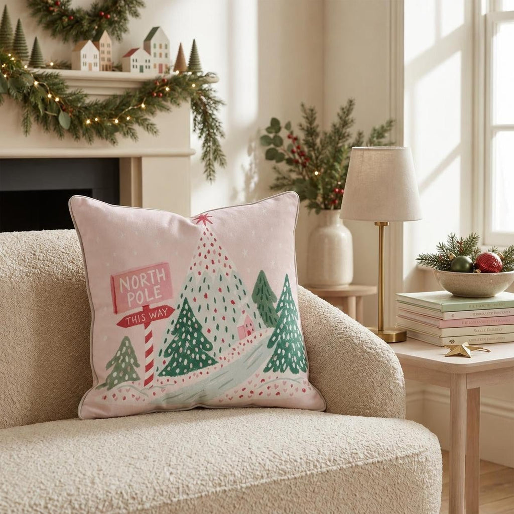 North Pole Signpost Trees Throw Pillow throw pillow - Hillcroft Home