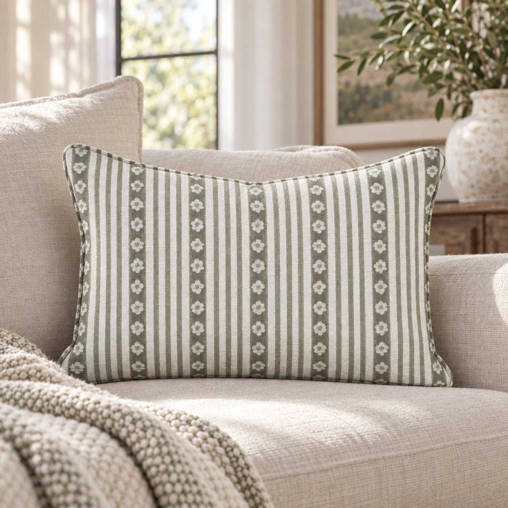 Olive Ticking Blossom Throw Pillow throw pillow - Hillcroft Home