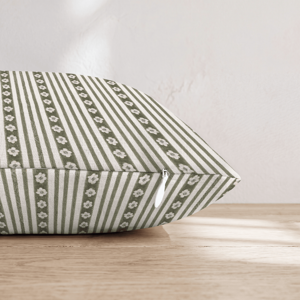 Olive Ticking Blossom Throw Pillow throw pillow - Hillcroft Home