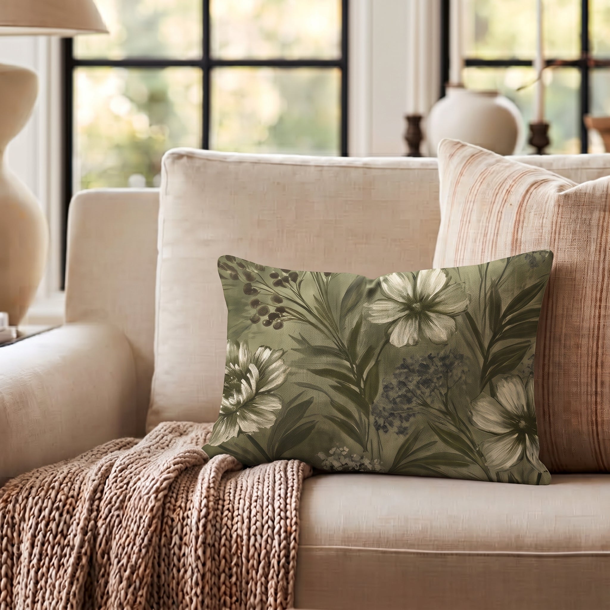 Olive Wildflower Throw Pillow throw pillow - Hillcroft Home