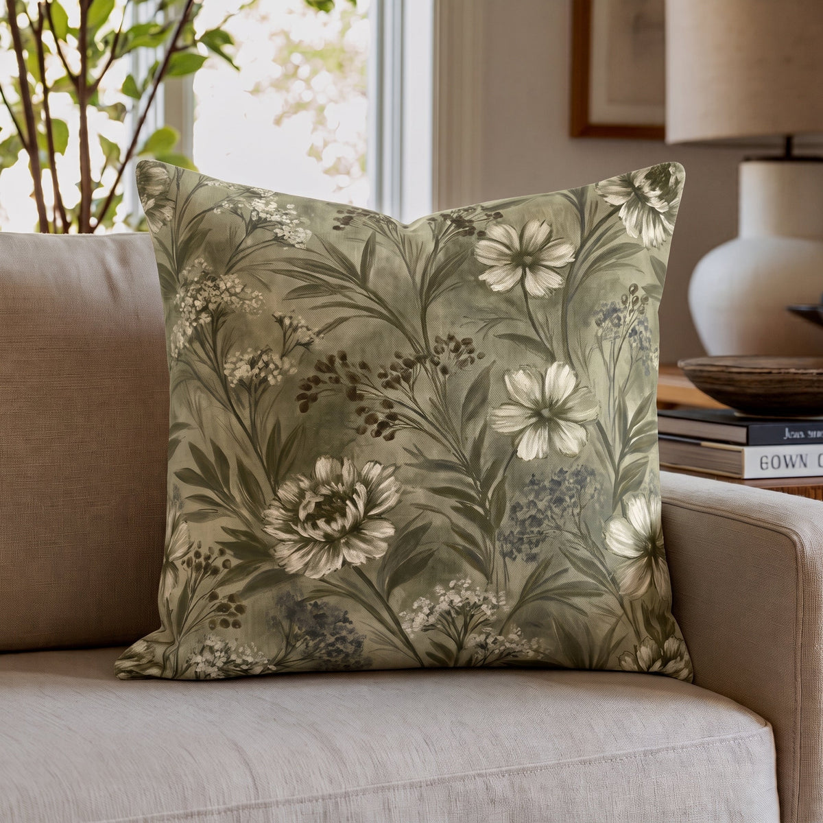 Olive Wildflower Throw Pillow throw pillow - Hillcroft Home
