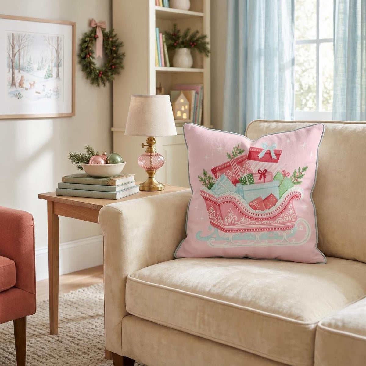 Overflowing Gift Sleigh Throw Pillow throw pillow - Hillcroft Home