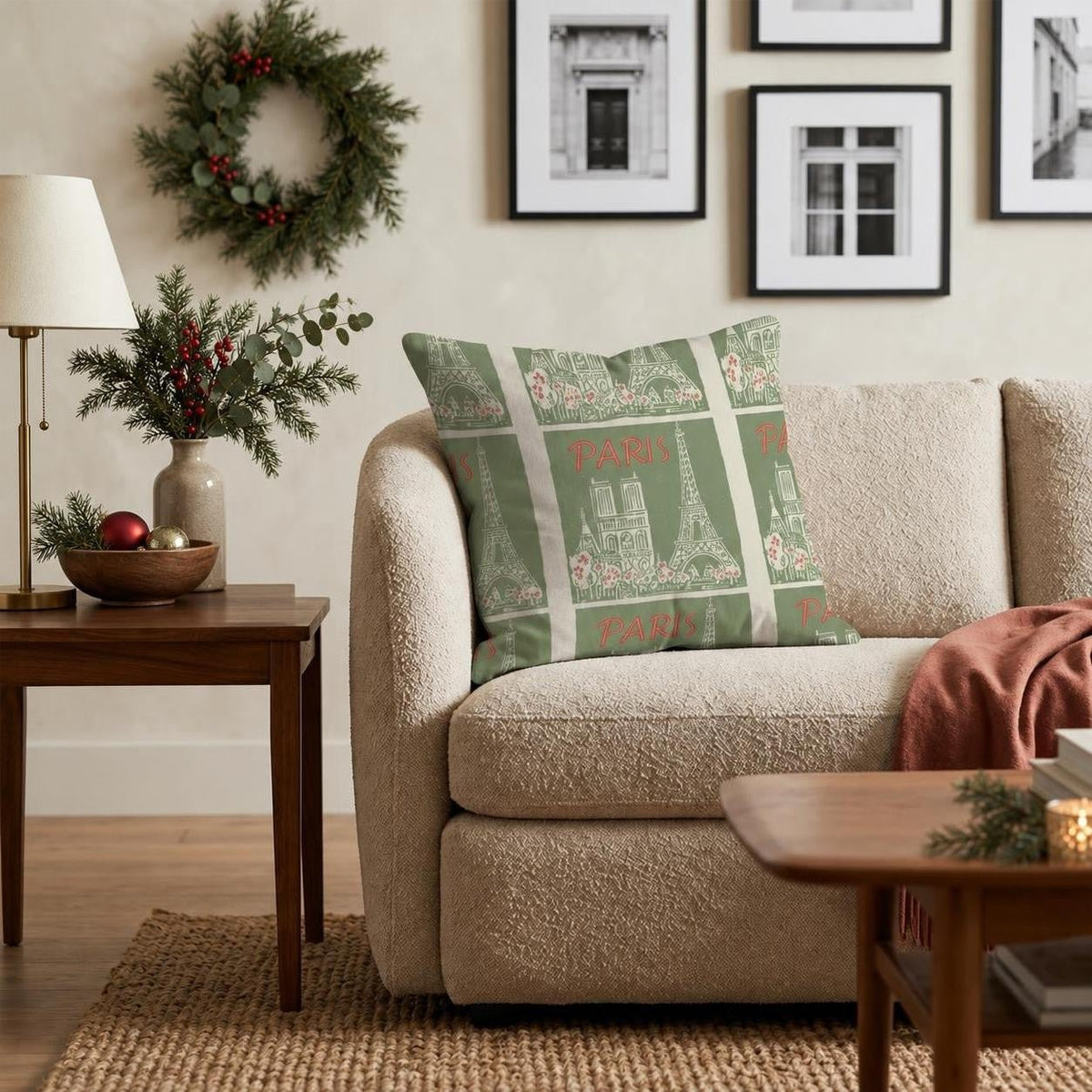 Paris Christmas Stamps Throw Pillow throw pillow - Hillcroft Home