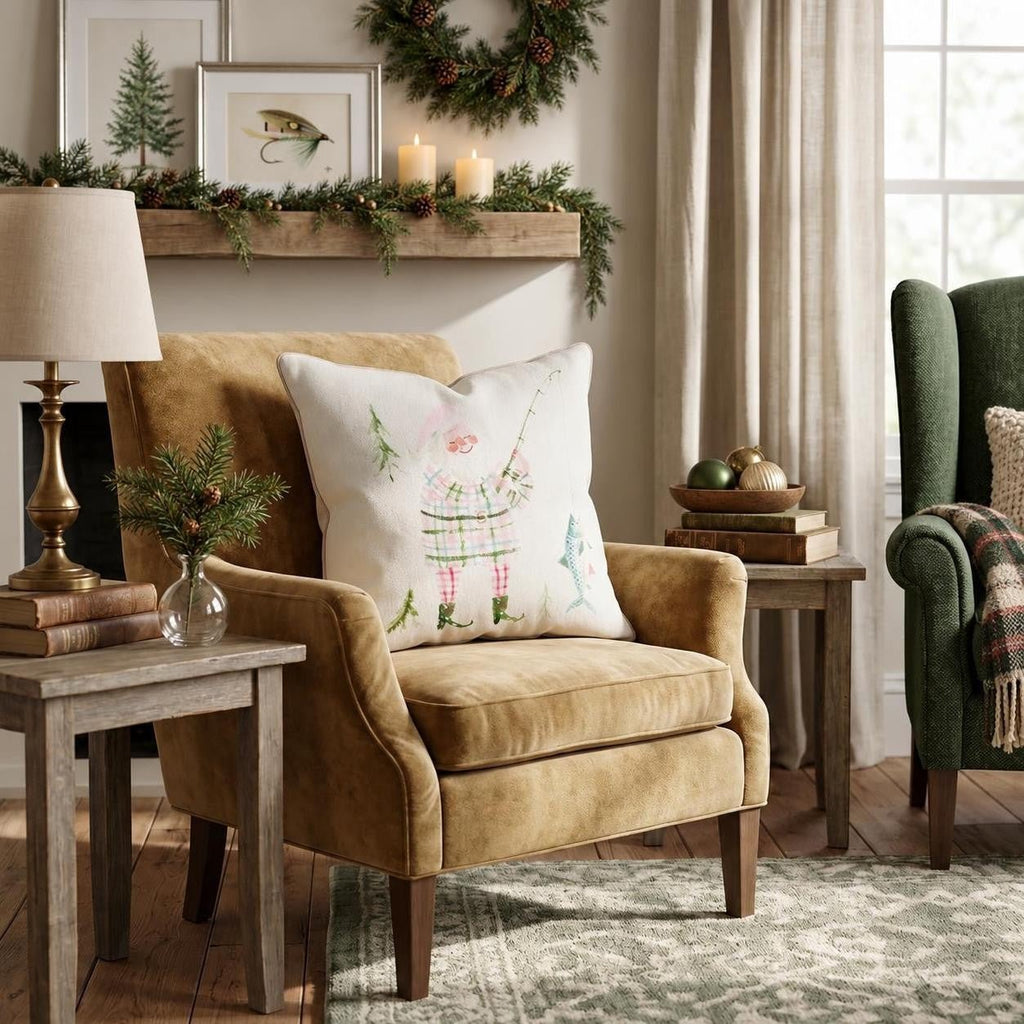 Pastel Fishing Santa Throw Pillow throw pillow - Hillcroft Home