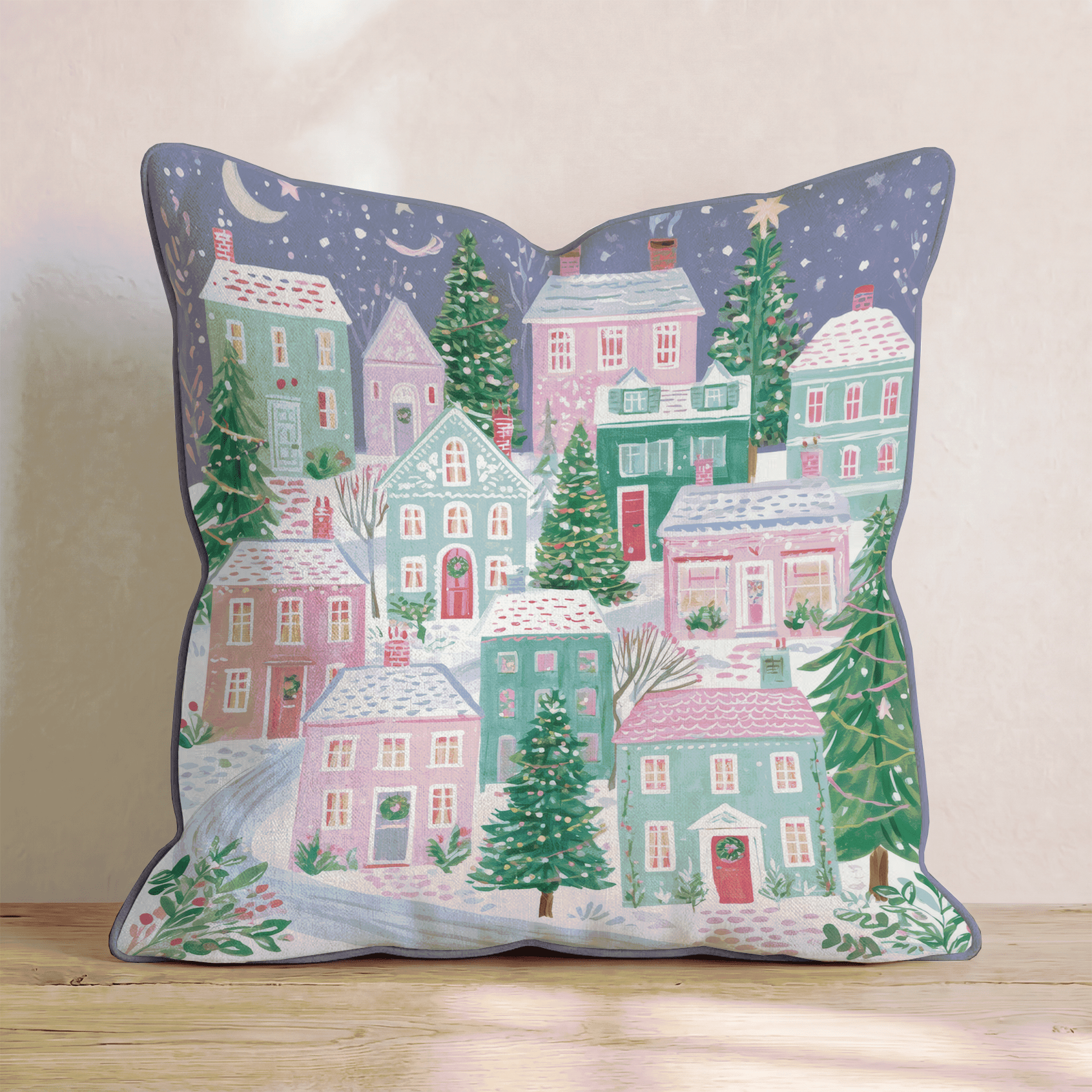 Pastel Hillside Village Throw Pillow - Hillcroft Home