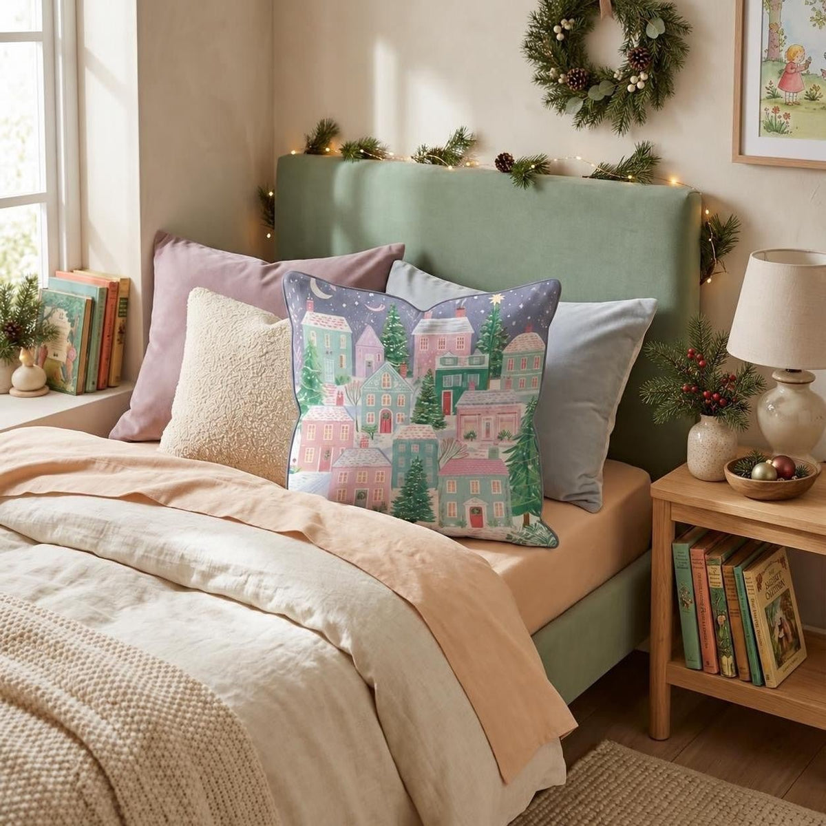 Pastel Hillside Village Throw Pillow throw pillow - Hillcroft Home